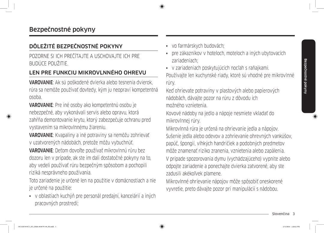 Samsung MC32K7055CT/EO manual Bezpečnostné pokyny, Slovenčina  